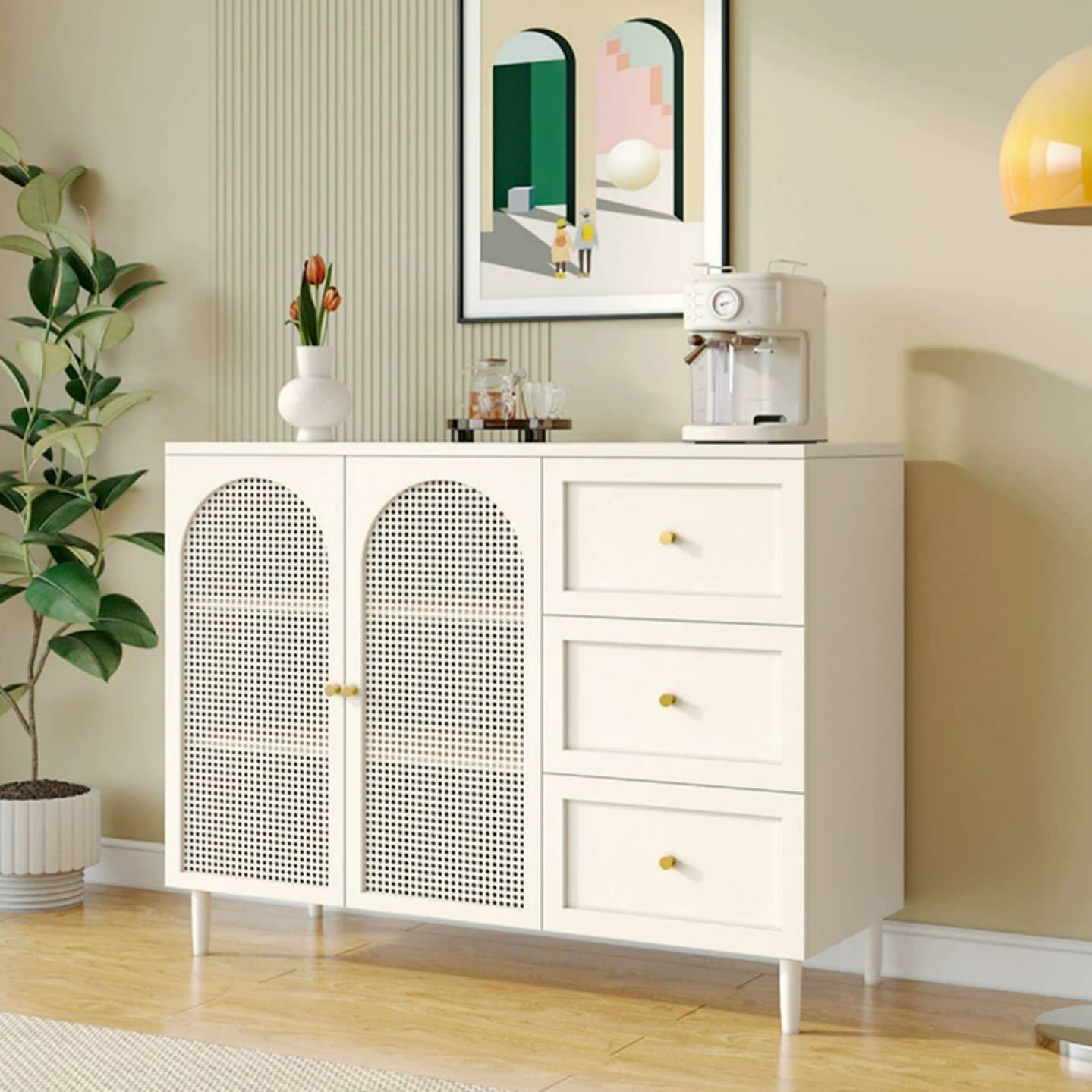 White Modern Sideboard Credenza with Cabinets and Reserve Installation Holes, Full Assembly Required thumbnail 4