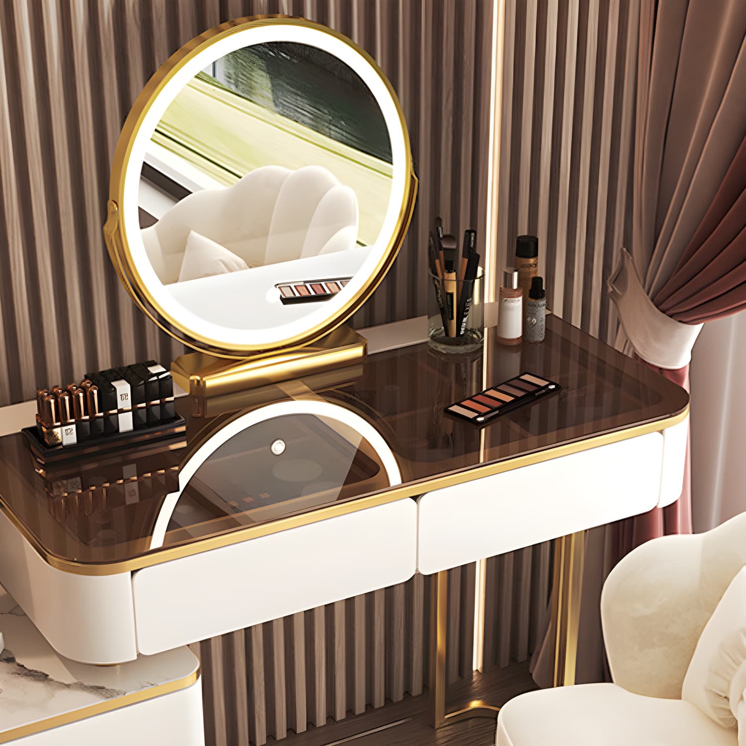 Glass Top Make-up Vanity Wood Dressing Table with Storage Drawers thumbnail 6