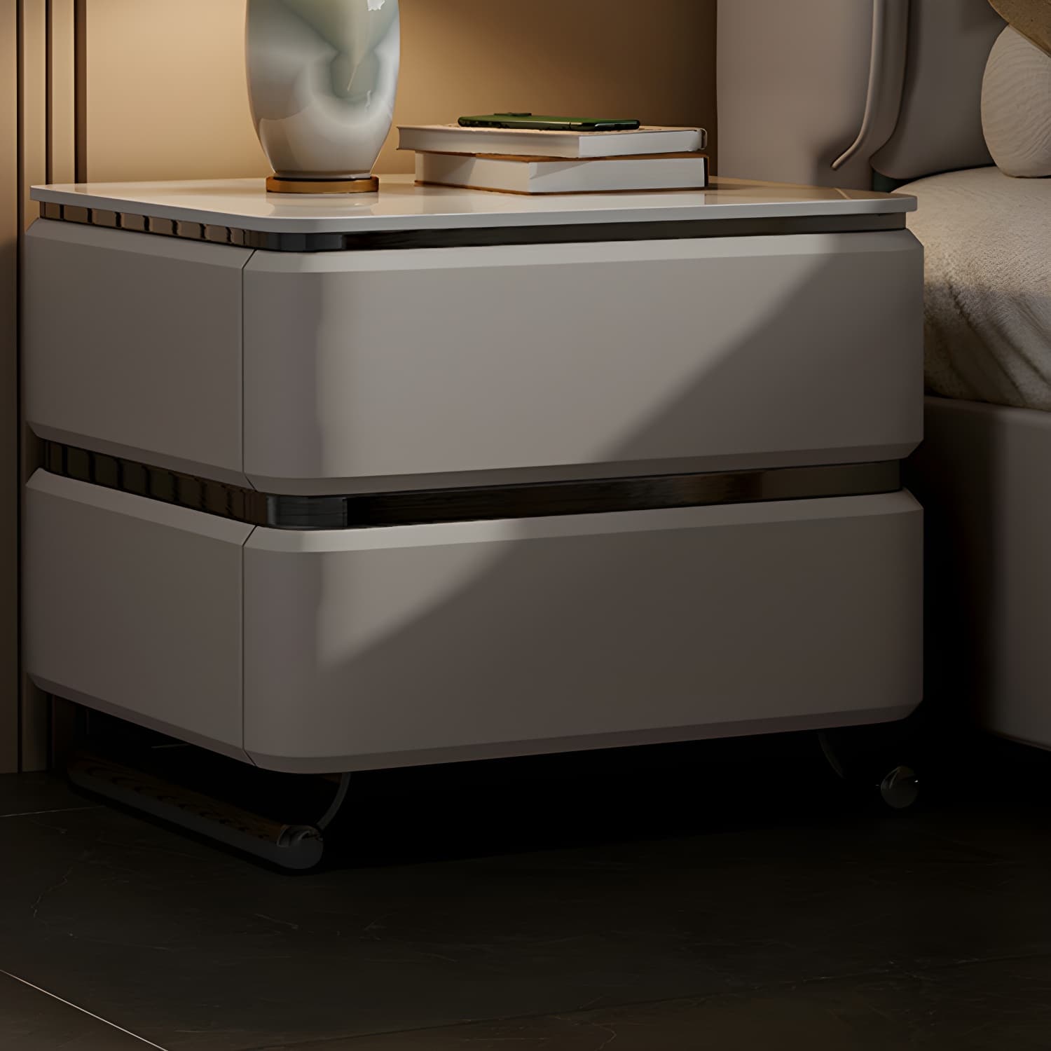 Small Modern Faux Leather Nightstand with Drawer Storage in Stone Finish thumbnail 14