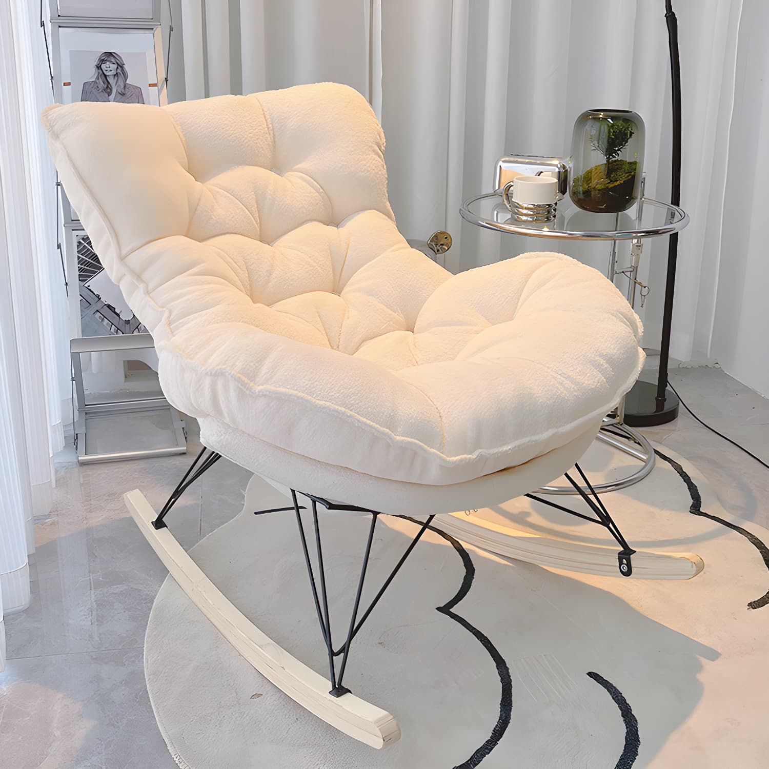 Modern Tufted Upholstered Rocking Chair with Natural Wood Legs thumbnail 11