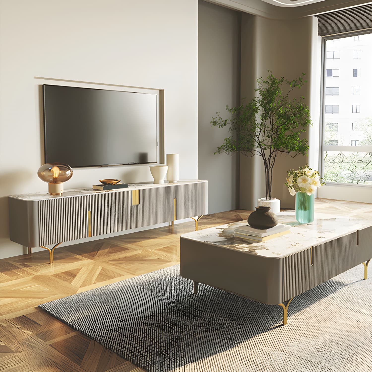 Enclosed Storage TV Stand Console Stone TV Media Console with Legs thumbnail 4