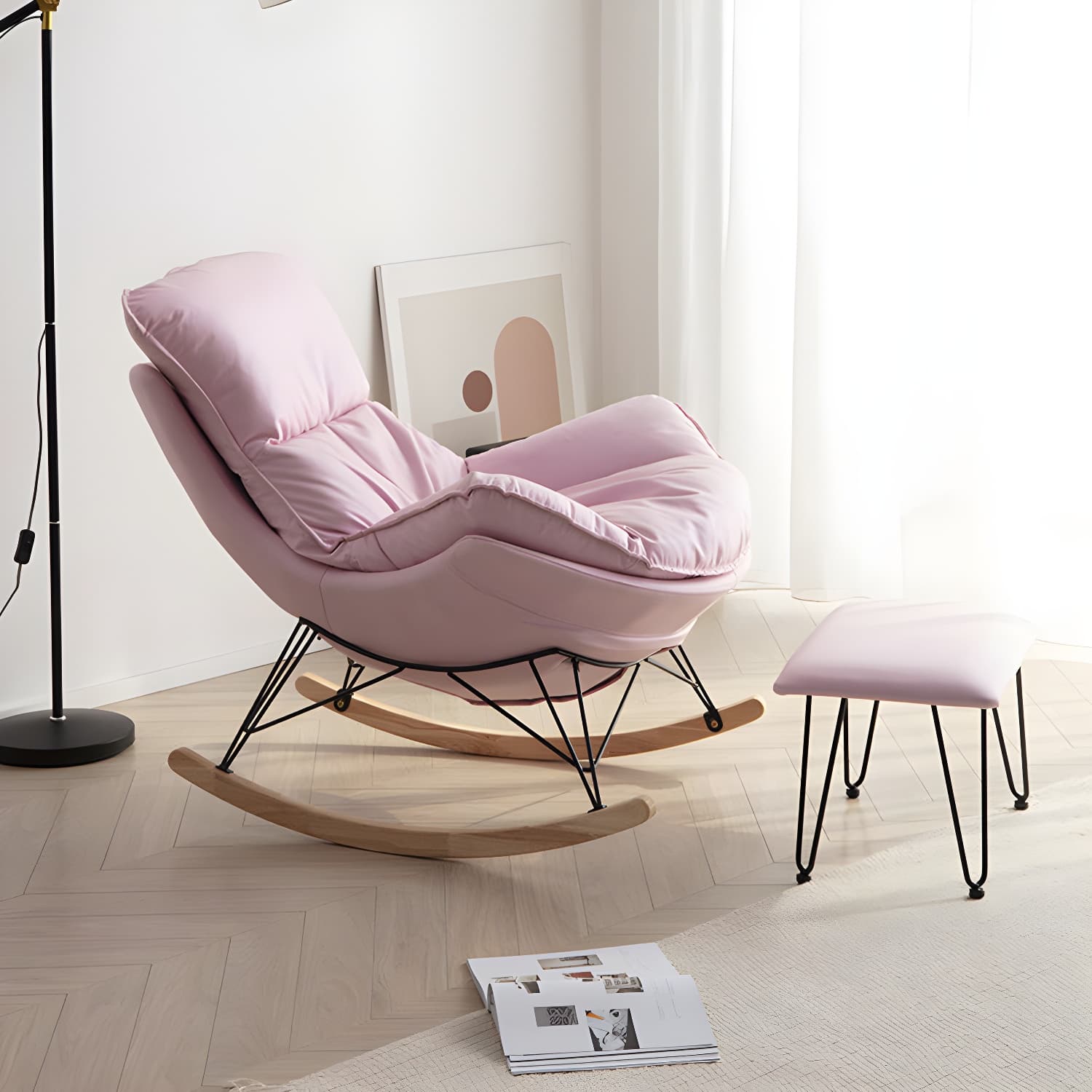 Simple Faux Leather Rocker Chair Plain Rocking Chair with Removable Cushions thumbnail 9