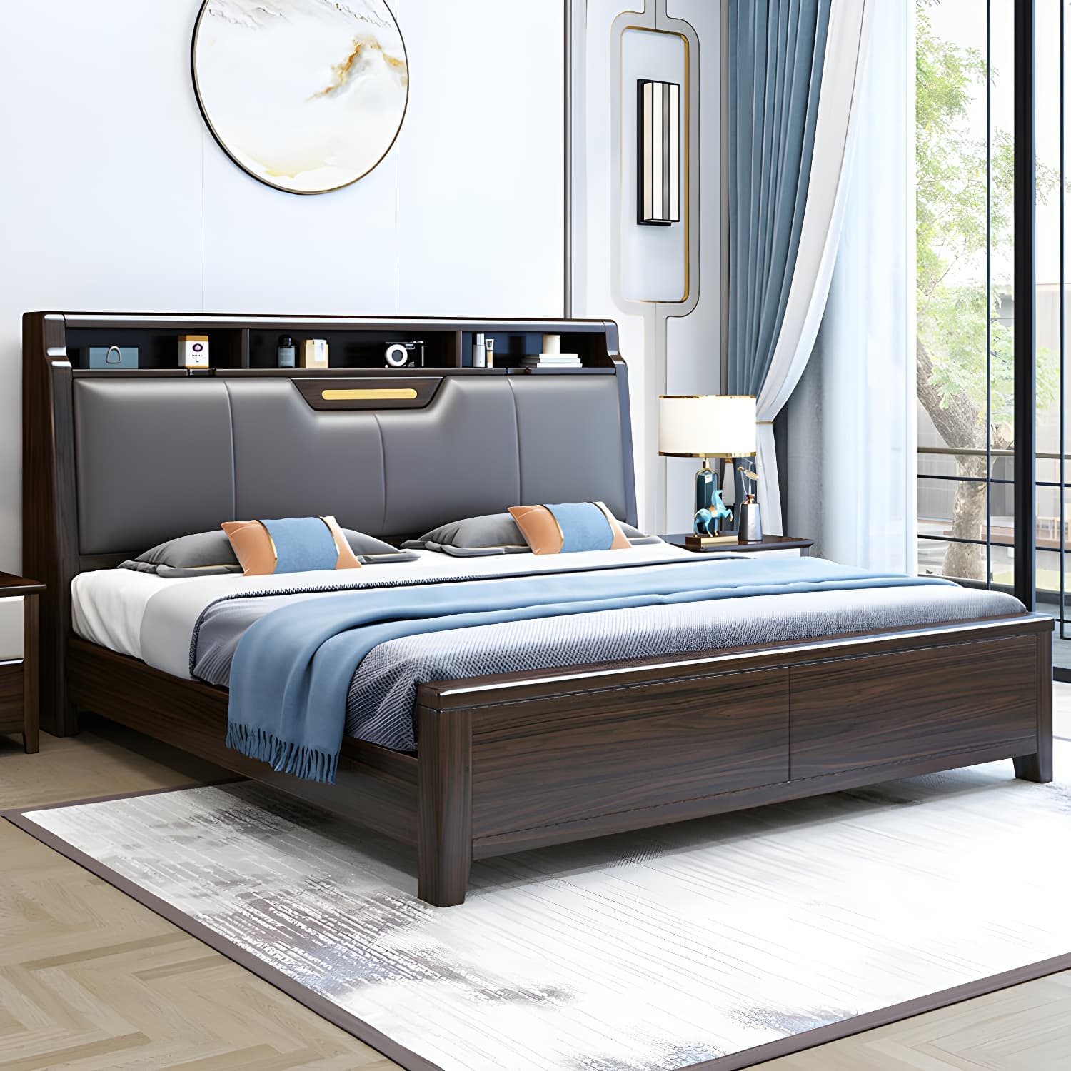 Brown Upholstery Wood Bed with Headboard – Modern Style, Full Assembly Needed thumbnail 2