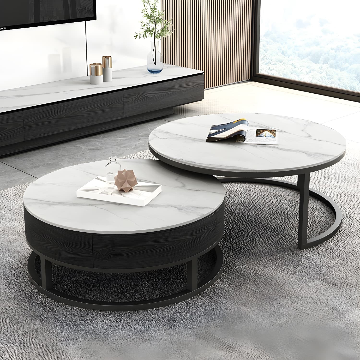Set of 2 Round Stone Top Modern Nesting Tables with Black Metal Frames and Drawers Included thumbnail 6