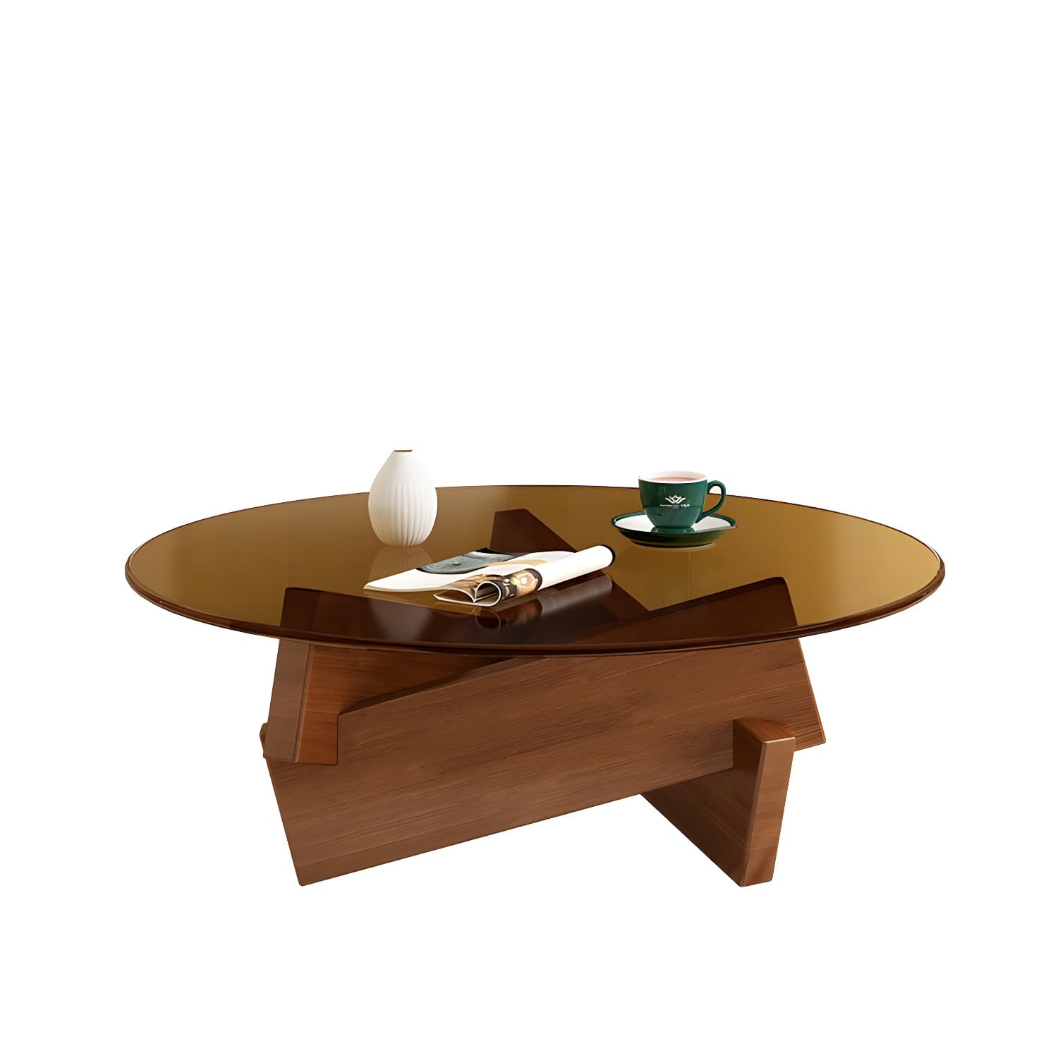 Stylish Round Glass Coffee Table with Tempered Top and Abstract Wood Base thumbnail 7