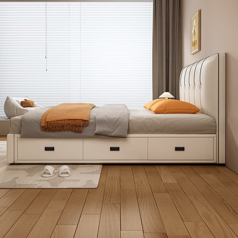 Cream Solid Color Storage Included Bed with 3 Storage Boxes for Bedroom thumbnail 3