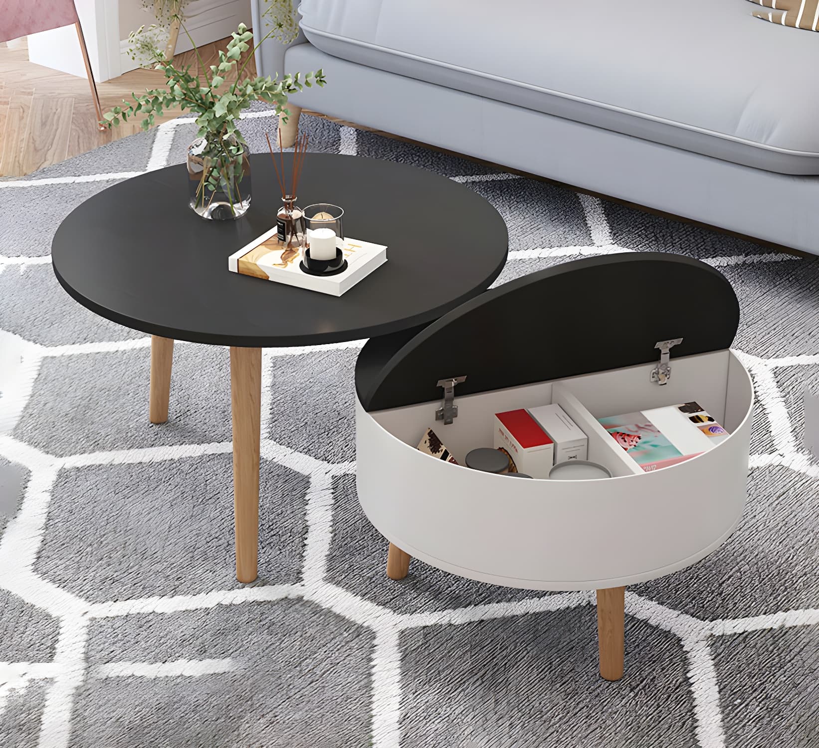 Round Solid Wood 3 Legs Coffee Table with Storage Drawers Modern Cocktail Table thumbnail 11