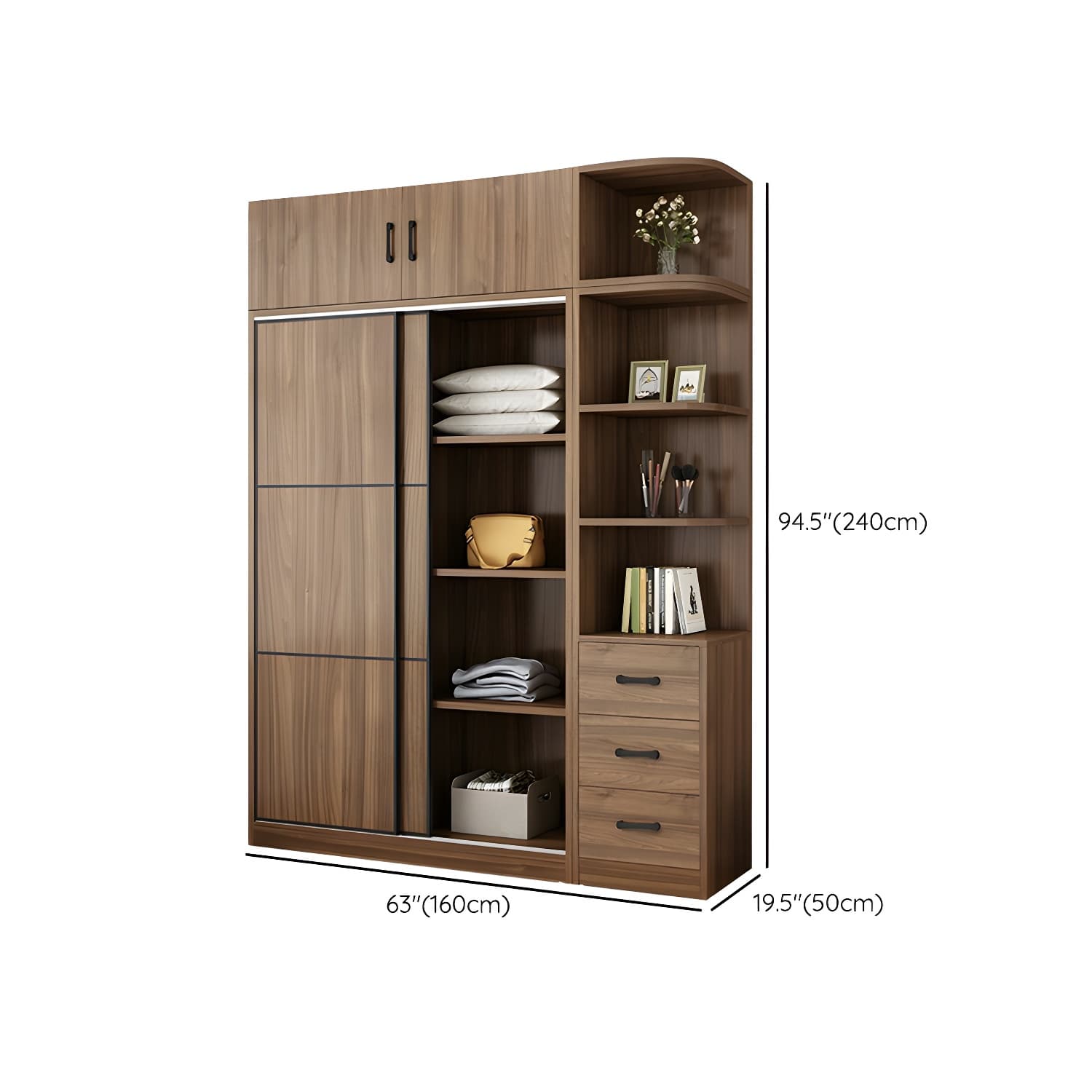 Non-Adjustable Traditional Brown Wood Wardrobe Armoire with Sliding Doors & Soft Close Drawers thumbnail 28