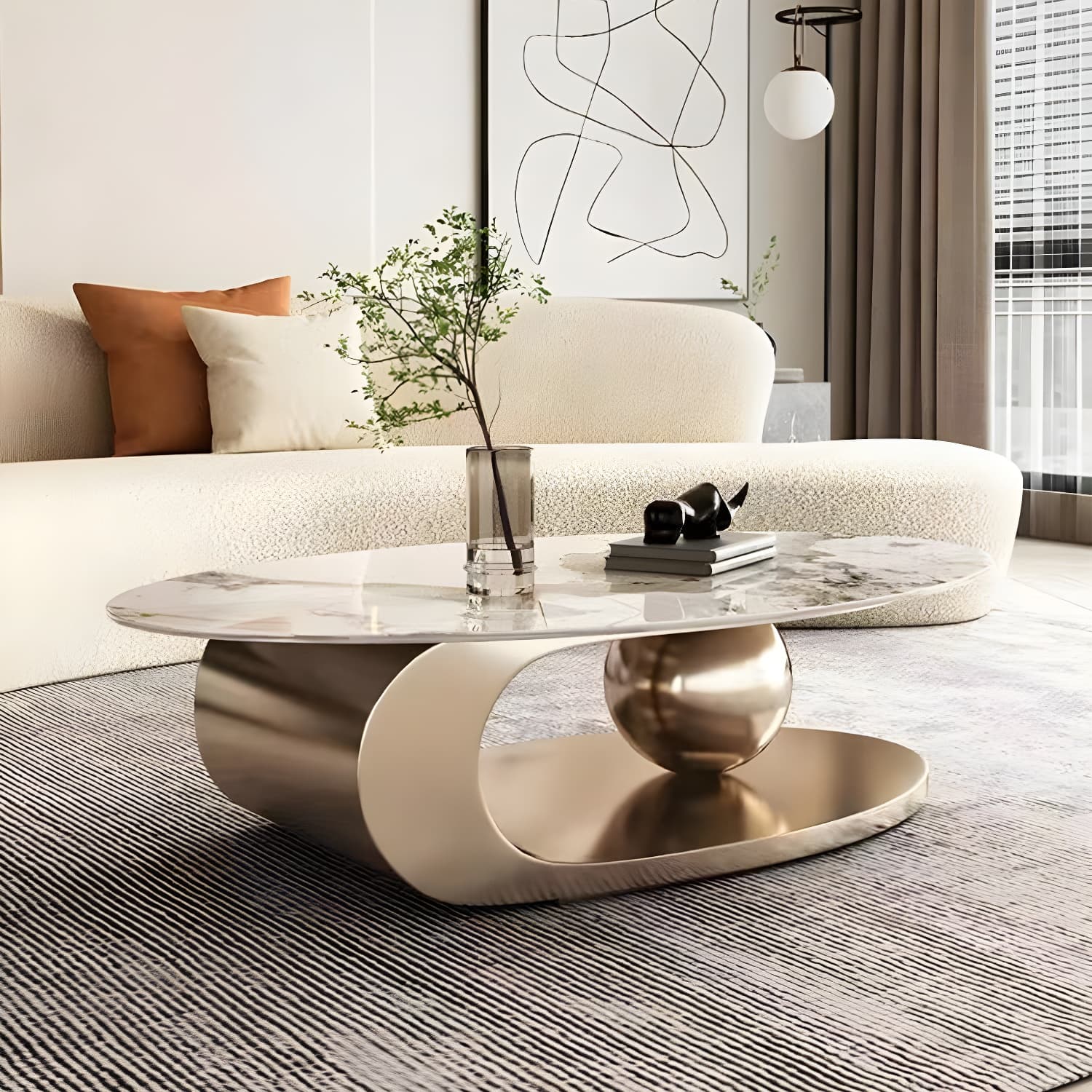 Glam Stone Coffee Table - Beige Oval Shape with Abstract Stainless Steel Base and Scratch Resistant thumbnail 4