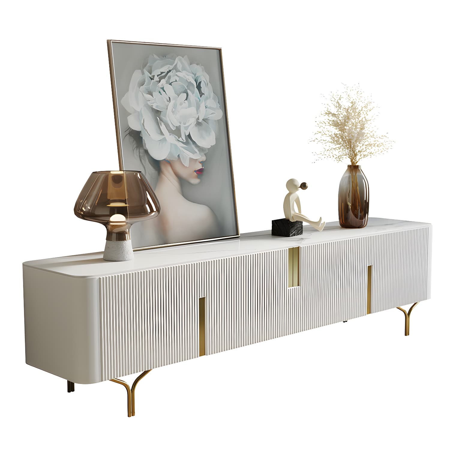 Enclosed Storage TV Stand Console Stone TV Media Console with Legs thumbnail 7