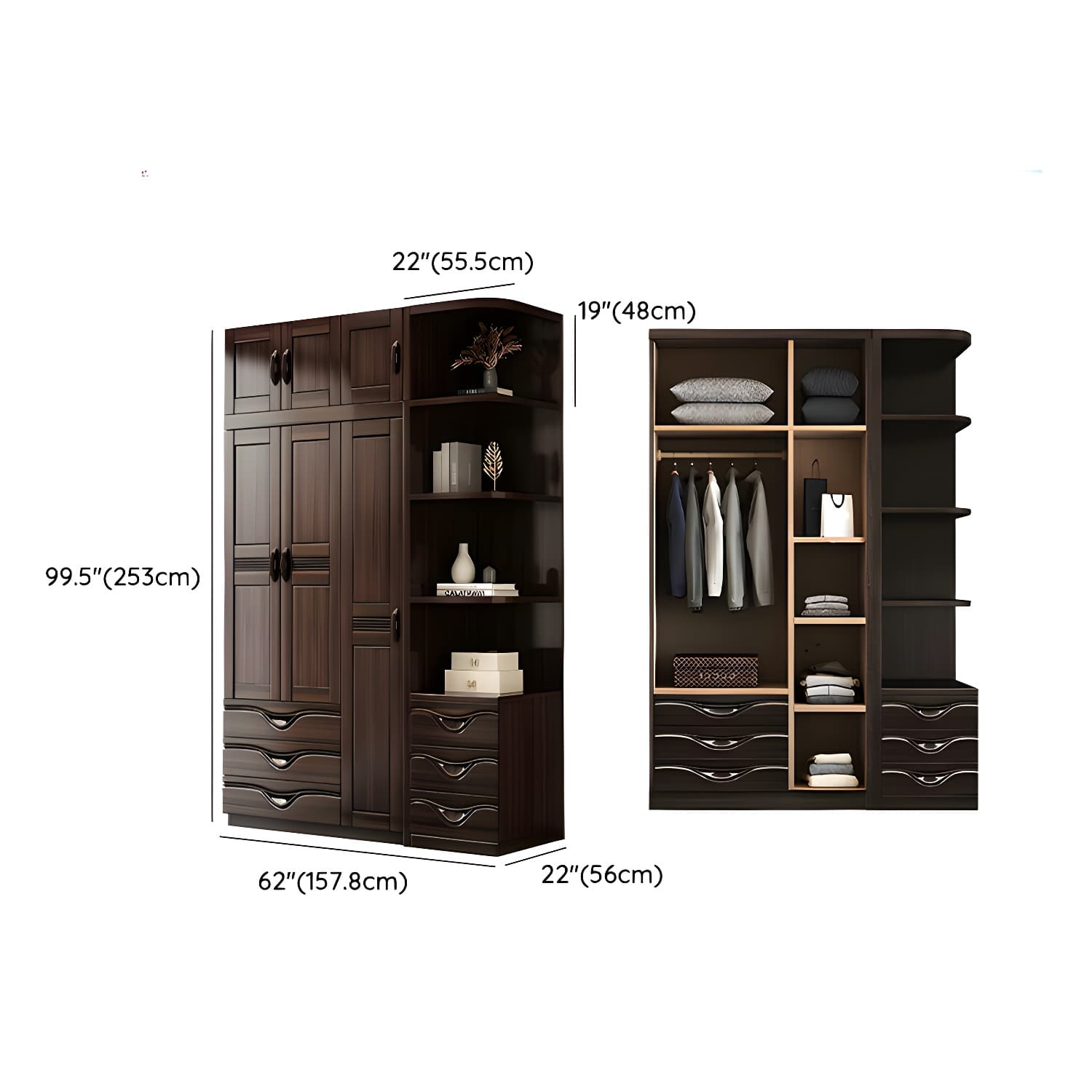 Traditional Black-brown Storage Wood Wardrobe with Clothing Rod and Shelves thumbnail 21