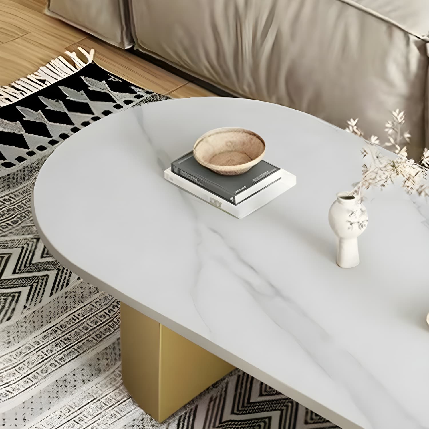 Modern Oval Stone Coffee Table with Double Pedestal Base for Living Room thumbnail 8