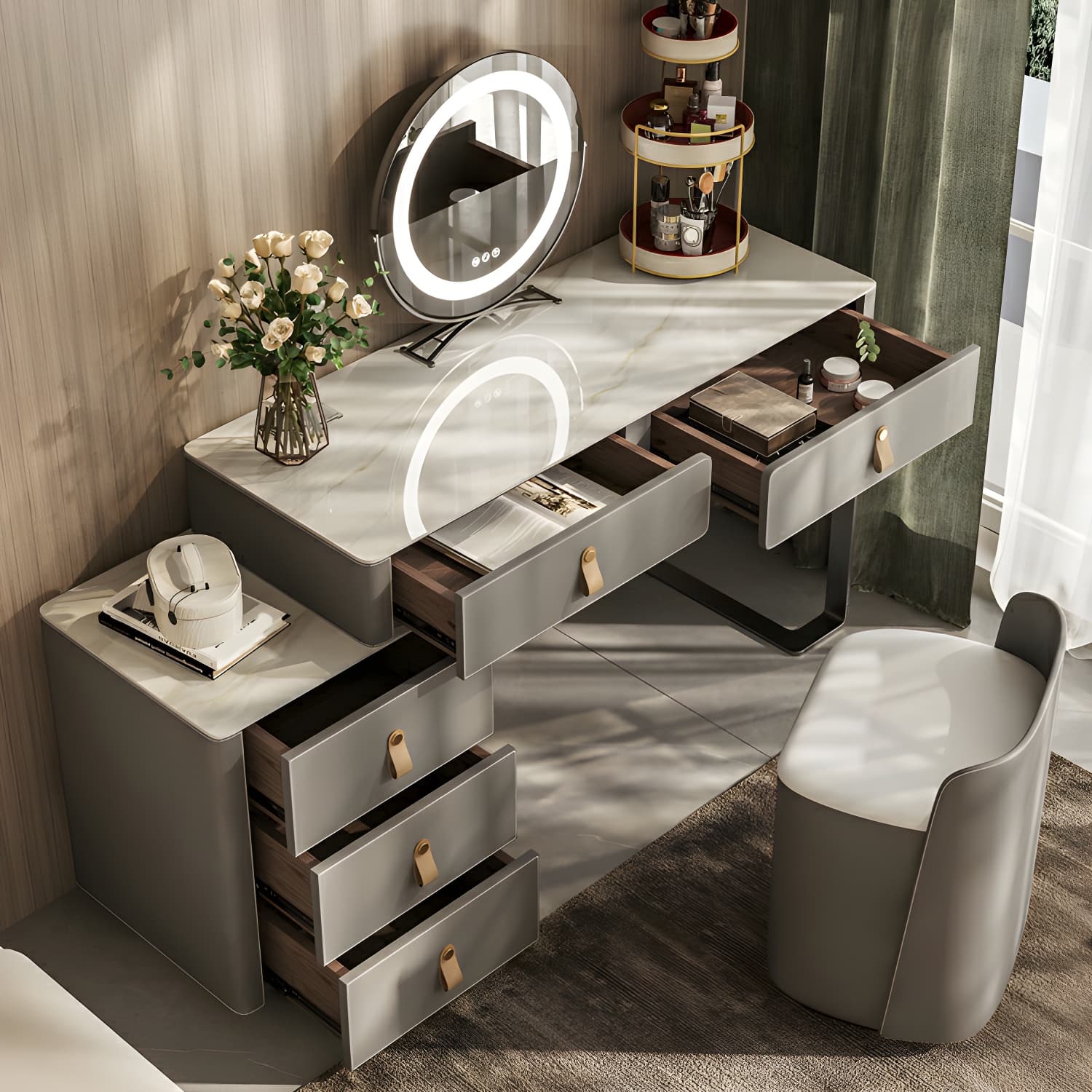 Contemporary 5-Drawer Wood Frame Slate Top Makeup Vanity Desk Table in Gray thumbnail 4