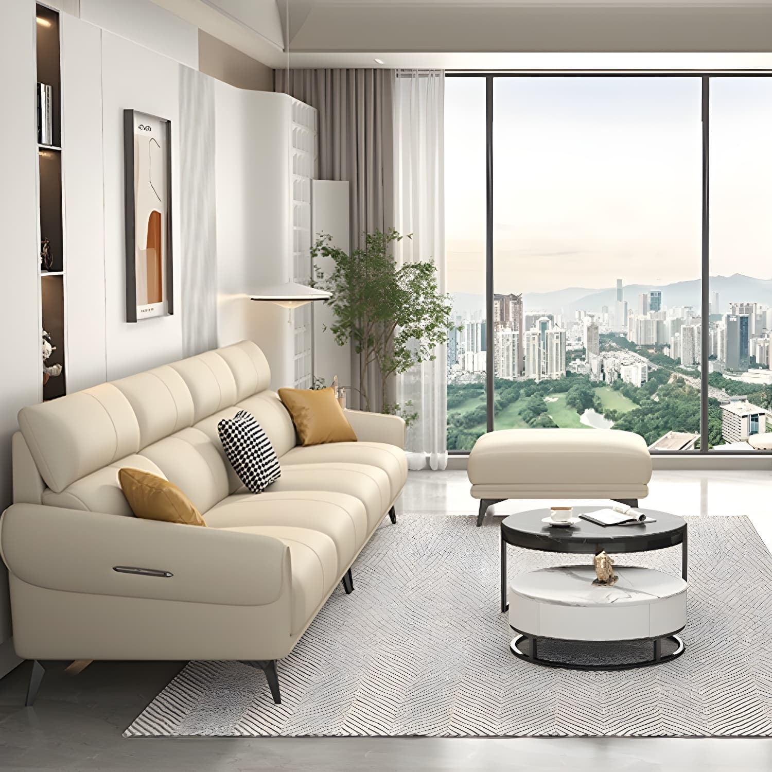Faux Leather Flared Arm Sofa in Beige of 37.4" H with Cushions thumbnail 3