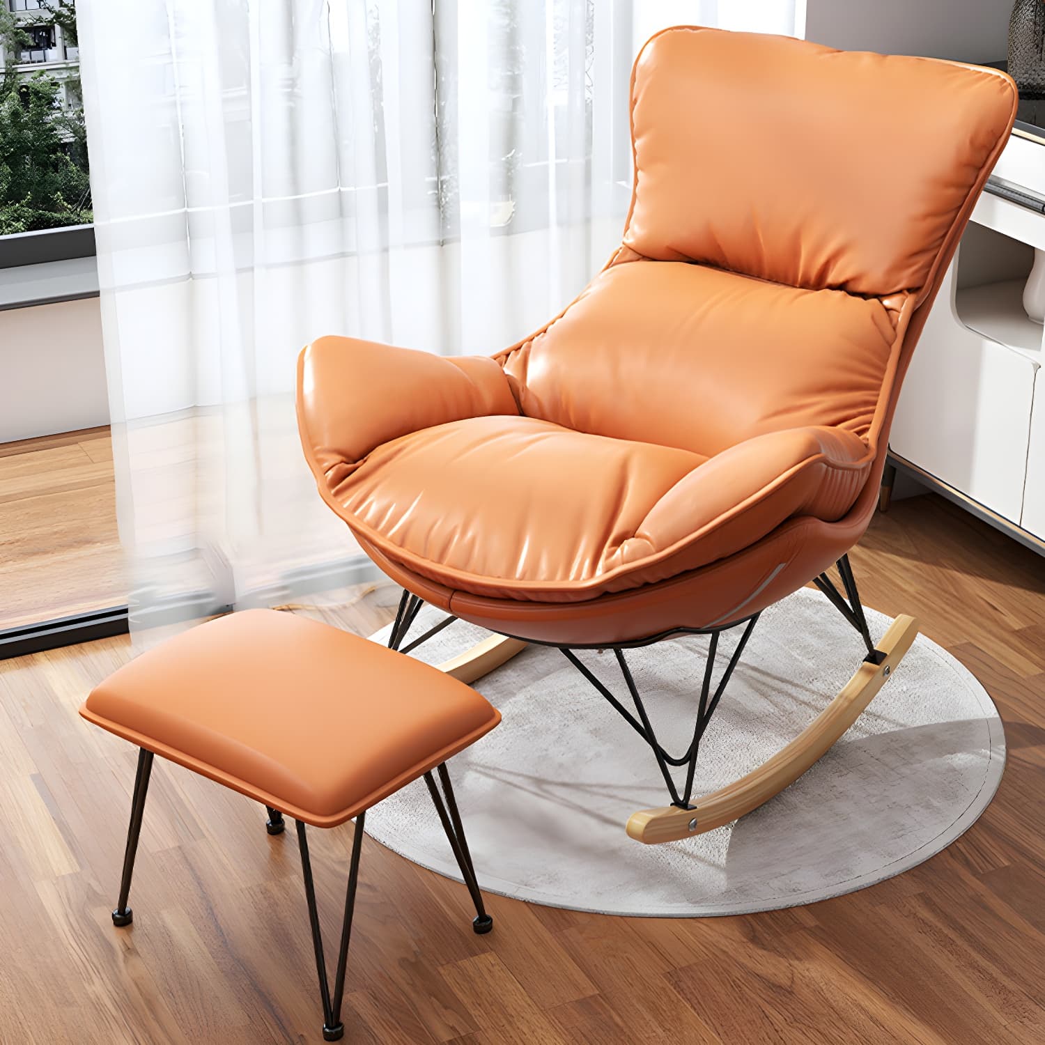 Wing Back Rocking Chair Solid Wood Rocker Chair with Ottoman thumbnail 9
