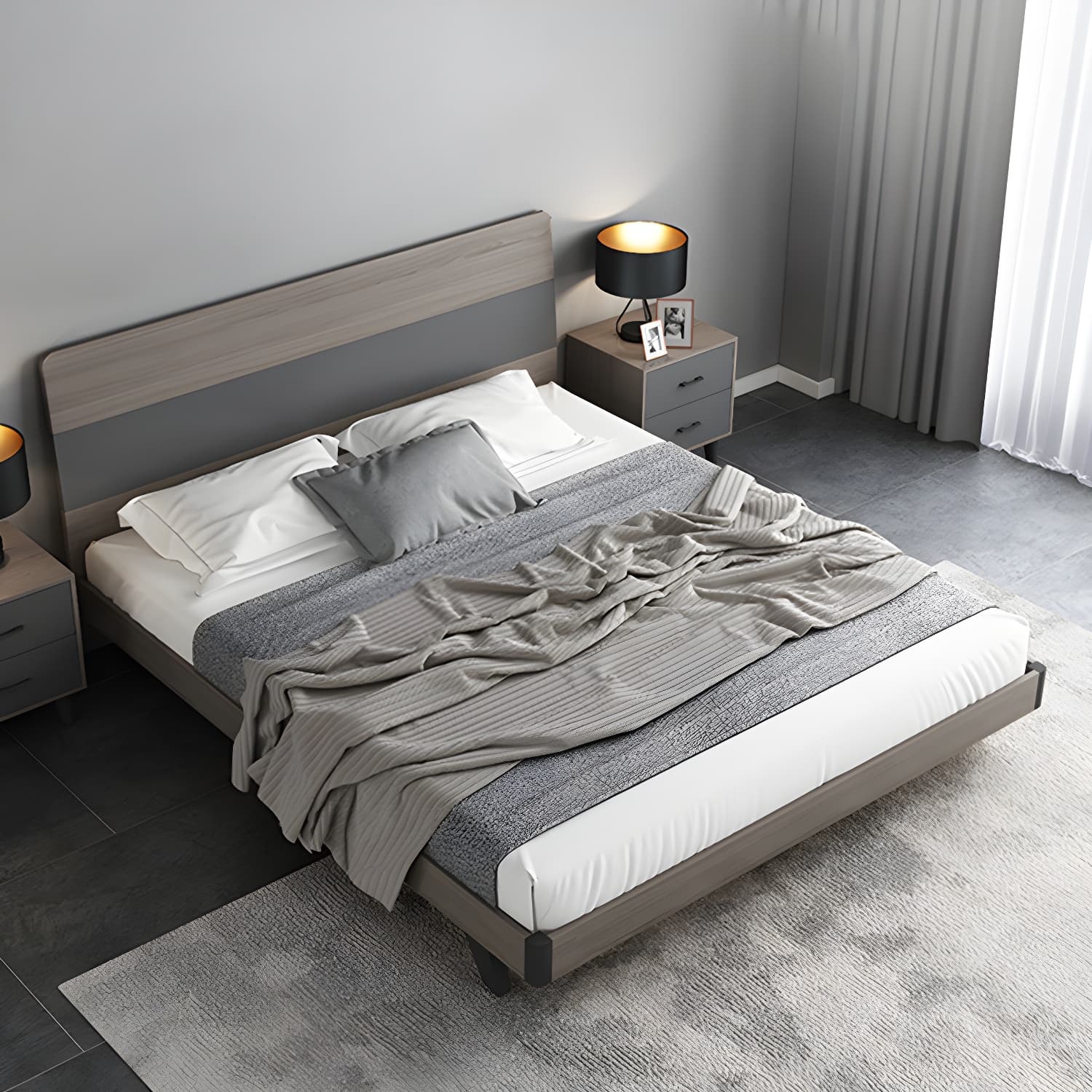 Modern Style Wood Bed with Headboard Low Profile Standard Bed thumbnail 1