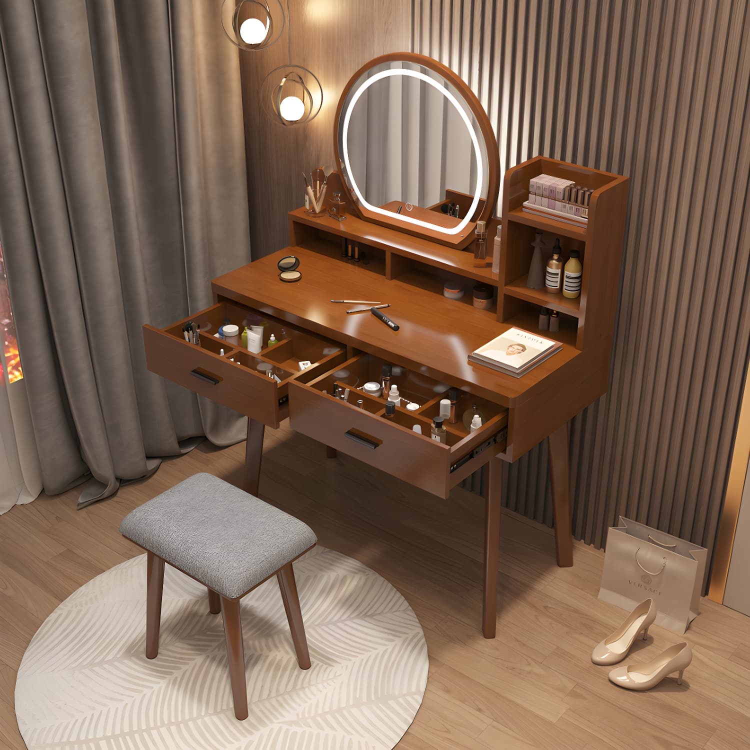 Traditional Bedroom With Drawer Solid Wood Lighted Mirror Make-up Vanity thumbnail 4