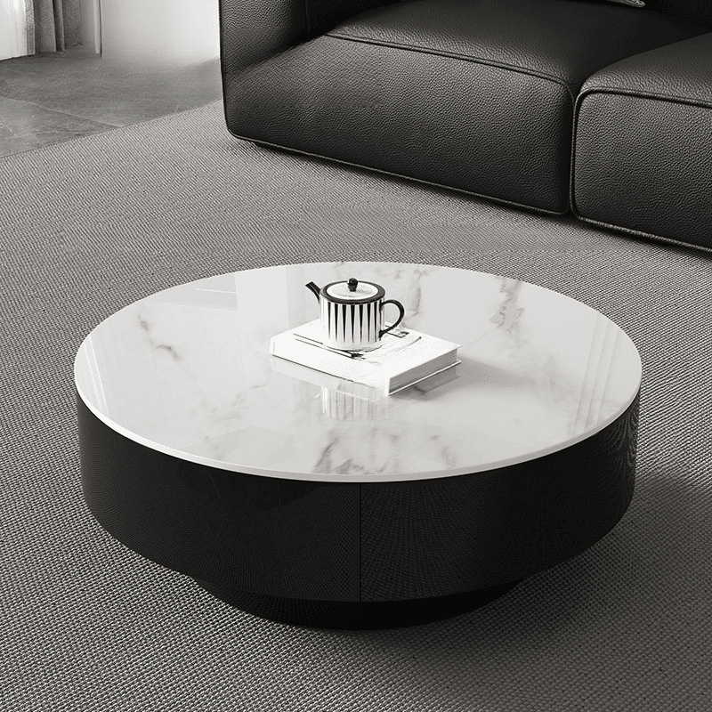 Elegant 1-Tier Circular-shaped Slate Side Table with Drum Base and Midnight Black Top, Includes 2 Drawers/1 Drawer thumbnail 3