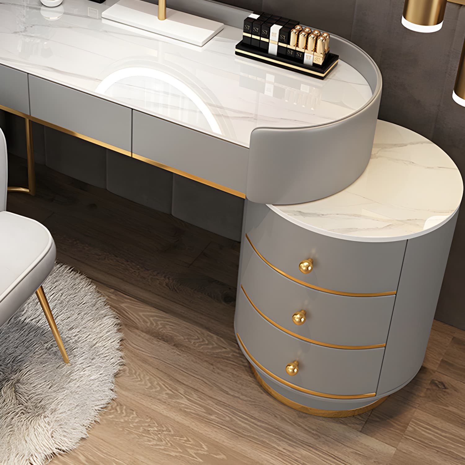Contemporary Bedroom Metallic Lighted Mirror With Drawer Makeup Vanity Set thumbnail 12