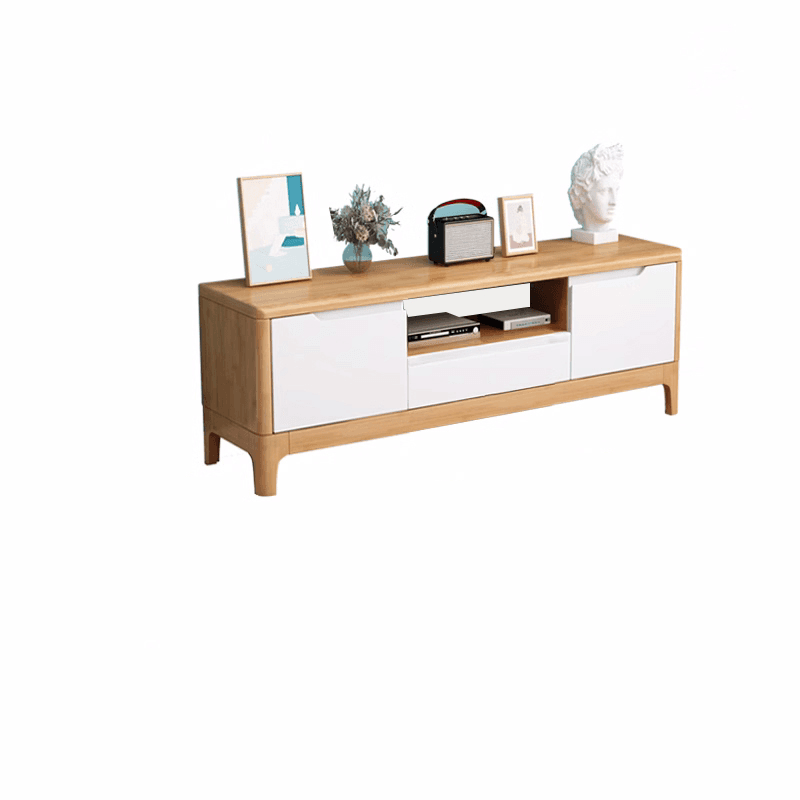 Art Deco Natural Wood TV Stand with 2 Drawers, 2 Cabinets, and Visible Storage thumbnail 2