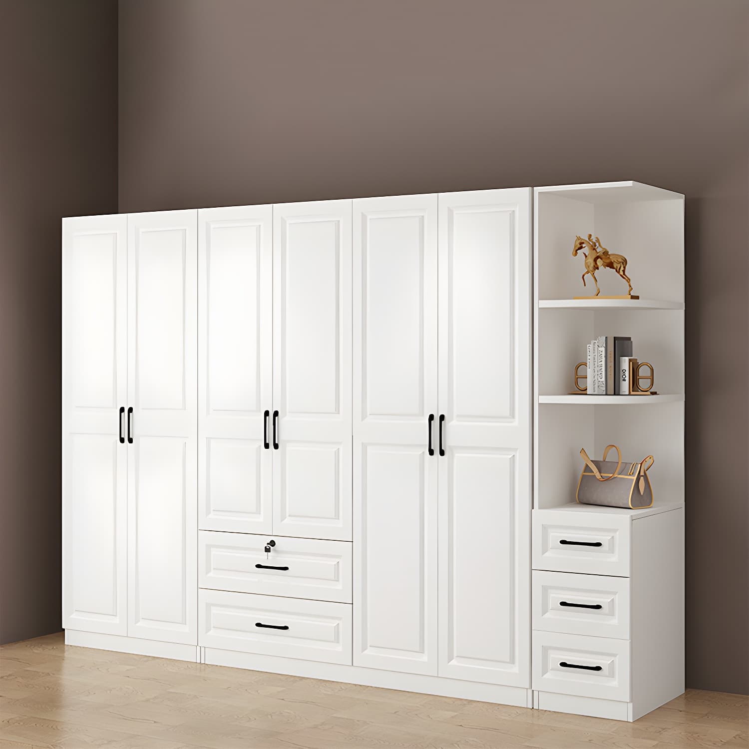 Wood White Modern Wardrobe Armoire with Drawers, Shelves, and Clothing Rod thumbnail 11