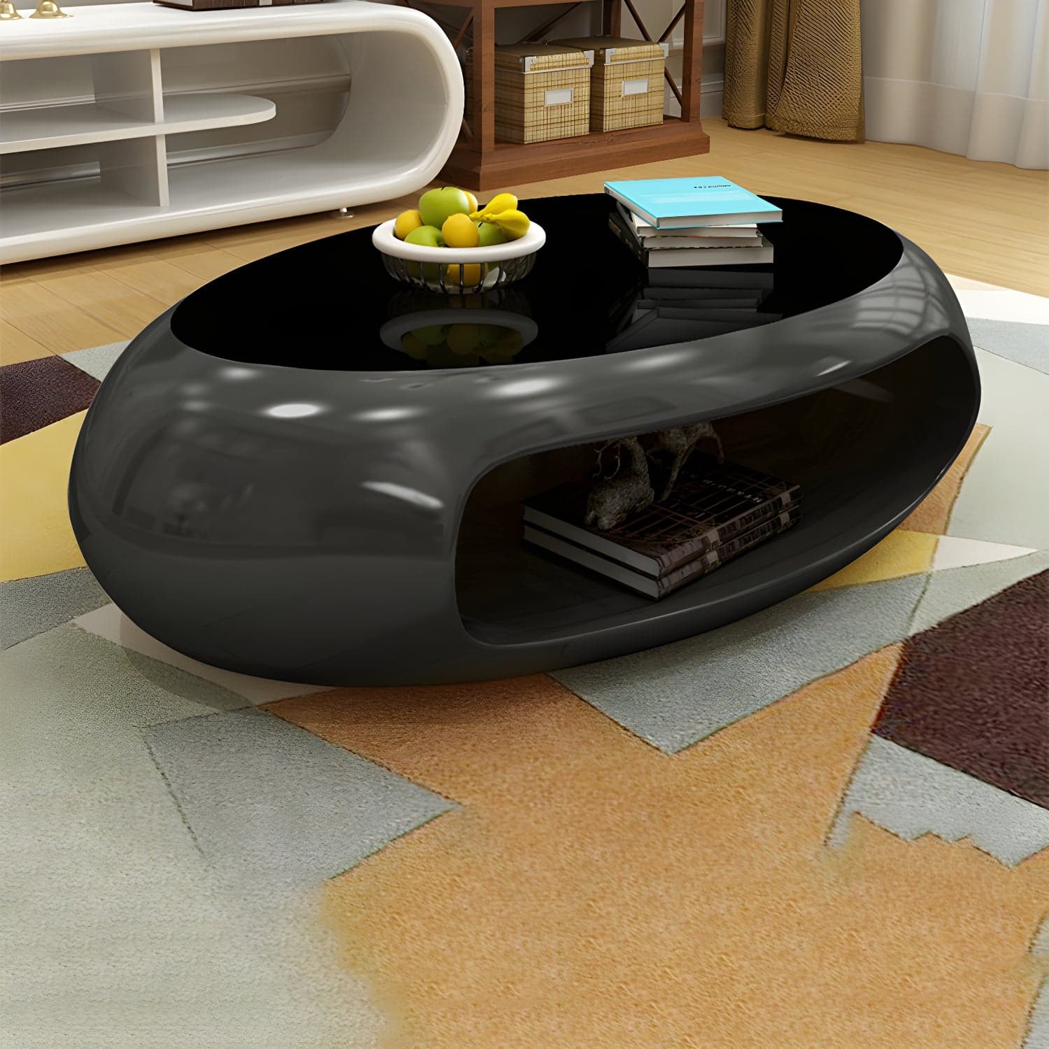Modern Oval Coffee Table with Storage Shelf and Plastic Pedestal Base thumbnail 1