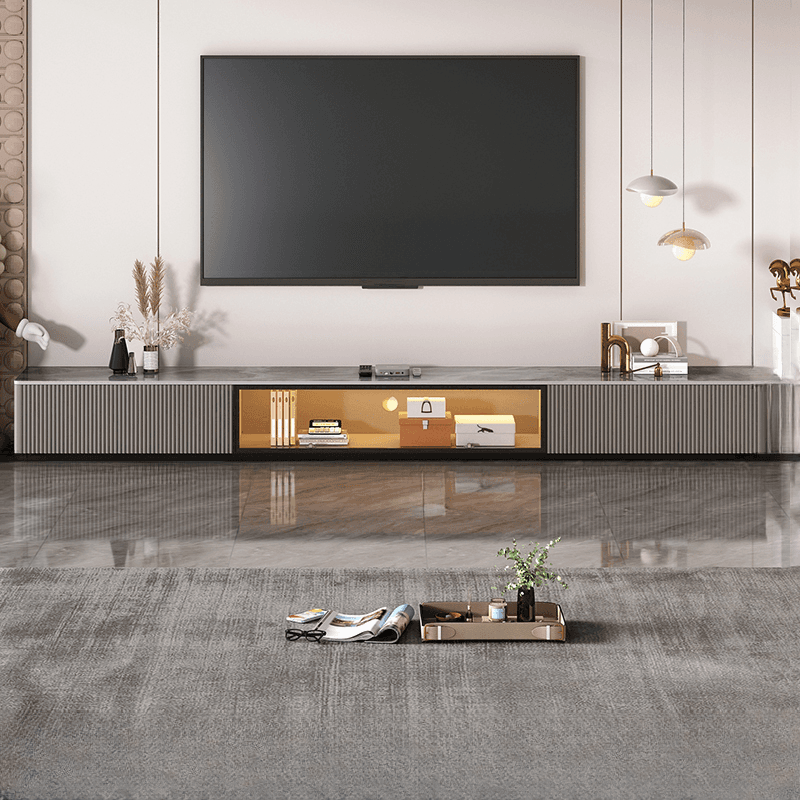 Art Deco Sintered Stone Rectangular TV Stand with 2 Drawers, Hutch, Cable Management, and Light thumbnail 1