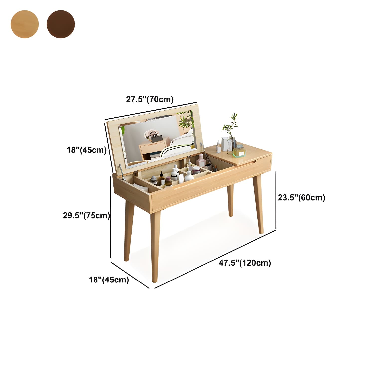 Solid Wood 1/4-Drawer Vanity Makeup Table with Mirror and Stool - 17.72" D thumbnail 23