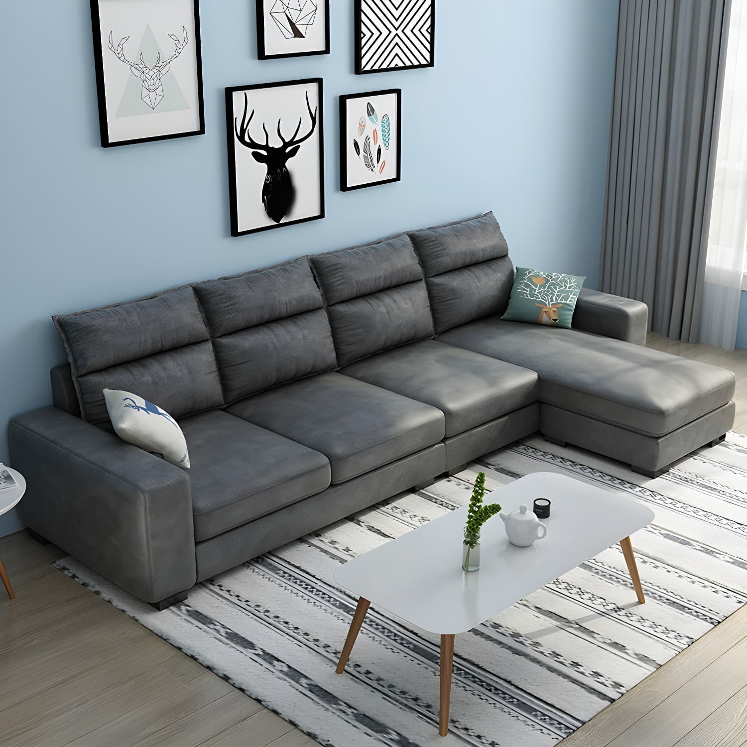 Scandinavian Wood Frame L-Shaped Modular Sofa Chaise in 2 Piece Set with Black Legs thumbnail 14