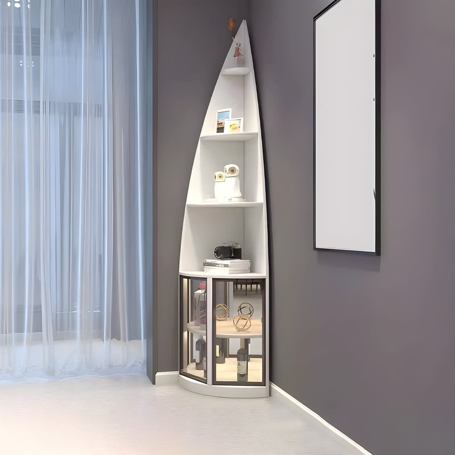 Corner Modern Cabinet with Wood Counter Top and 4 Exterior Shelves thumbnail 3