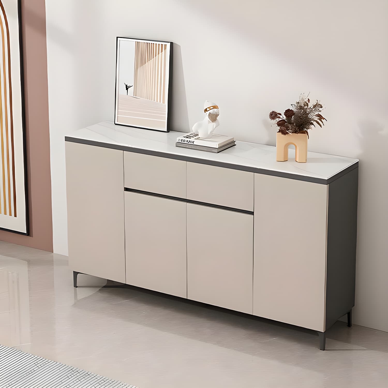 Wooden Modern Stone Countertop Buffet Sideboard with Drawers for Living Room thumbnail 5