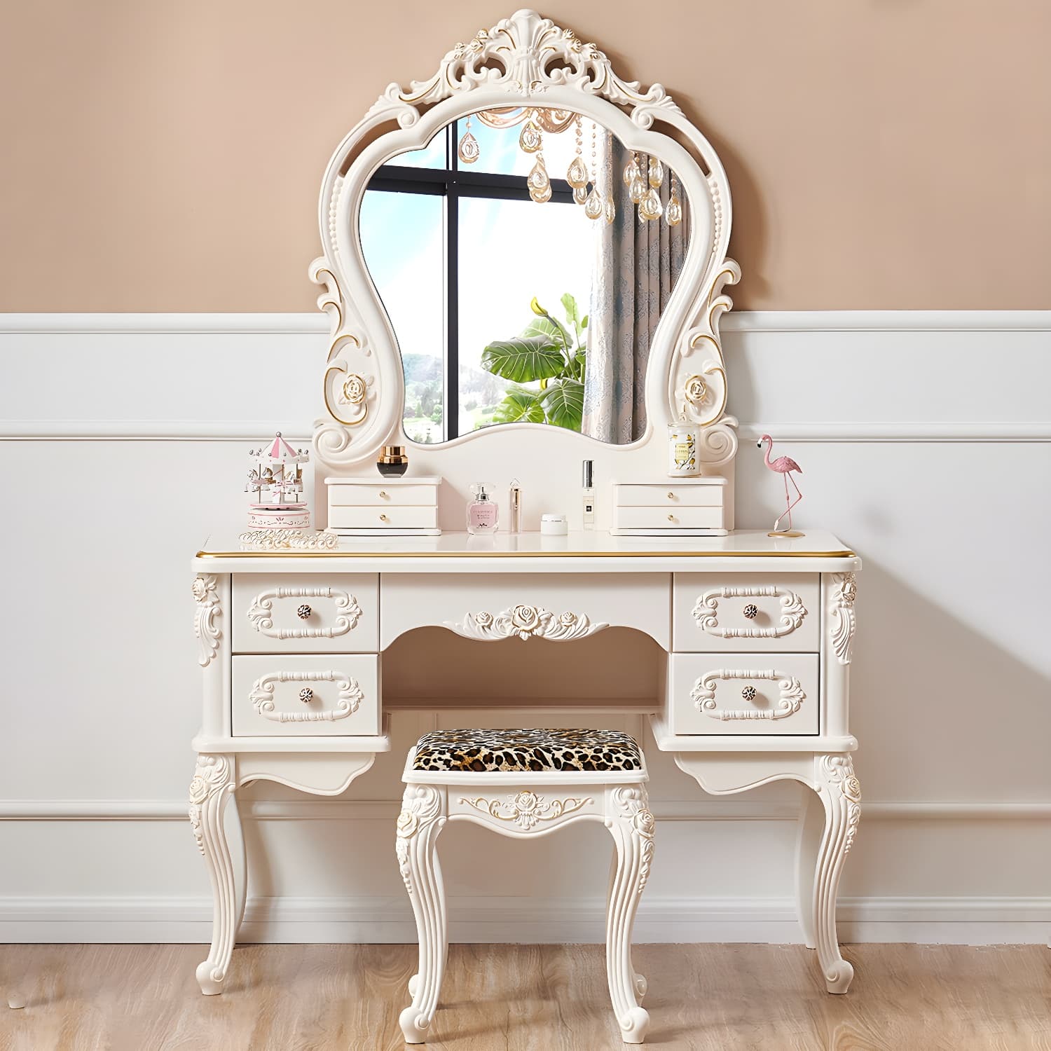 White Victorian Wood Vanity Dressing Table with Drawers Mirrored Makeup Vanity thumbnail 6