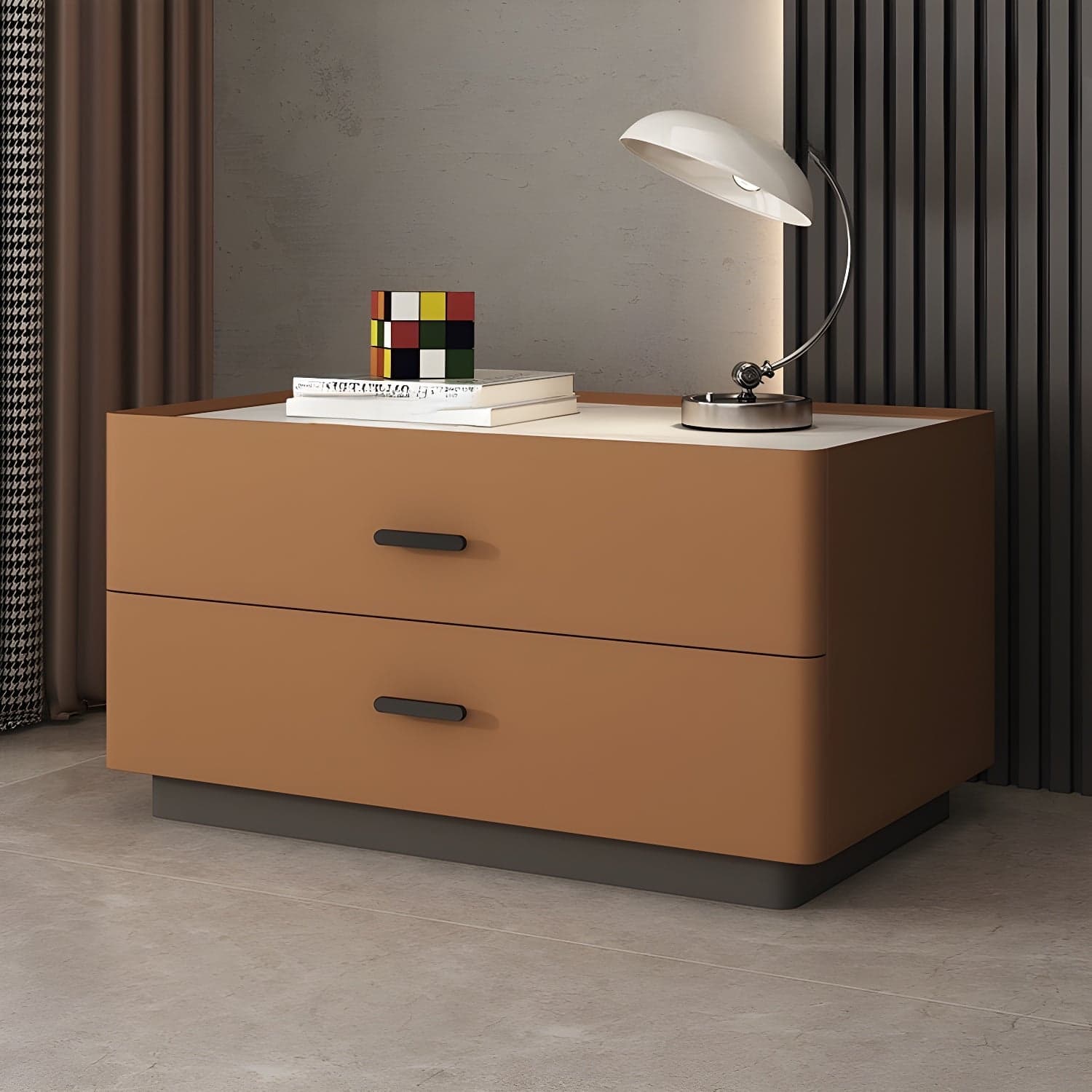 Elegant Two-Drawer Faux Leather Nightstand with Stone Countertop in Low Height for Modern Homes thumbnail 8