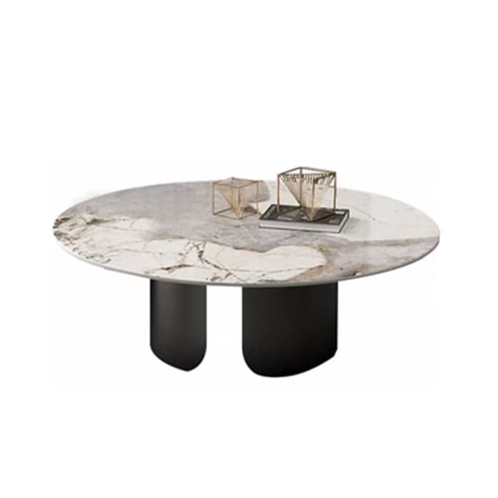 Chic Modern Round Beige Stone Top Coffee Table with Industrial Iron Base thumbnail 1