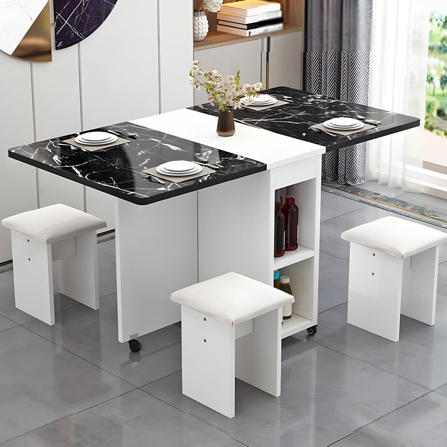 5-Piece Modern Wood Dining Set with Rectangle Table and White Backless Stools thumbnail 2