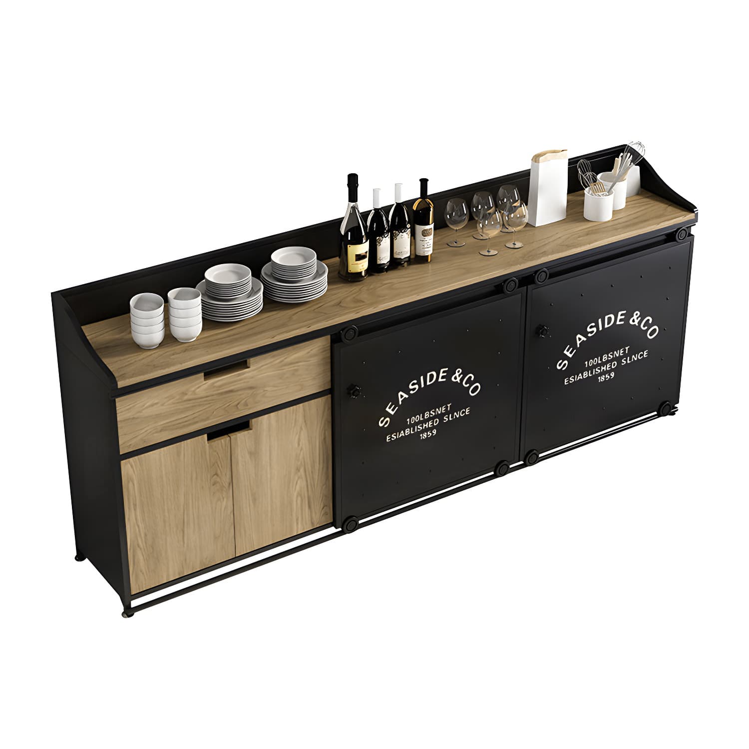 Modern Metal Sideboard with Wood Countertop, Cabinets, and Drawers - image 9