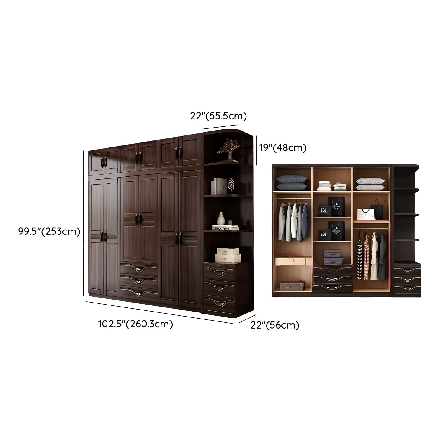 Traditional Black-brown Storage Wood Wardrobe with Clothing Rod and Shelves thumbnail 24
