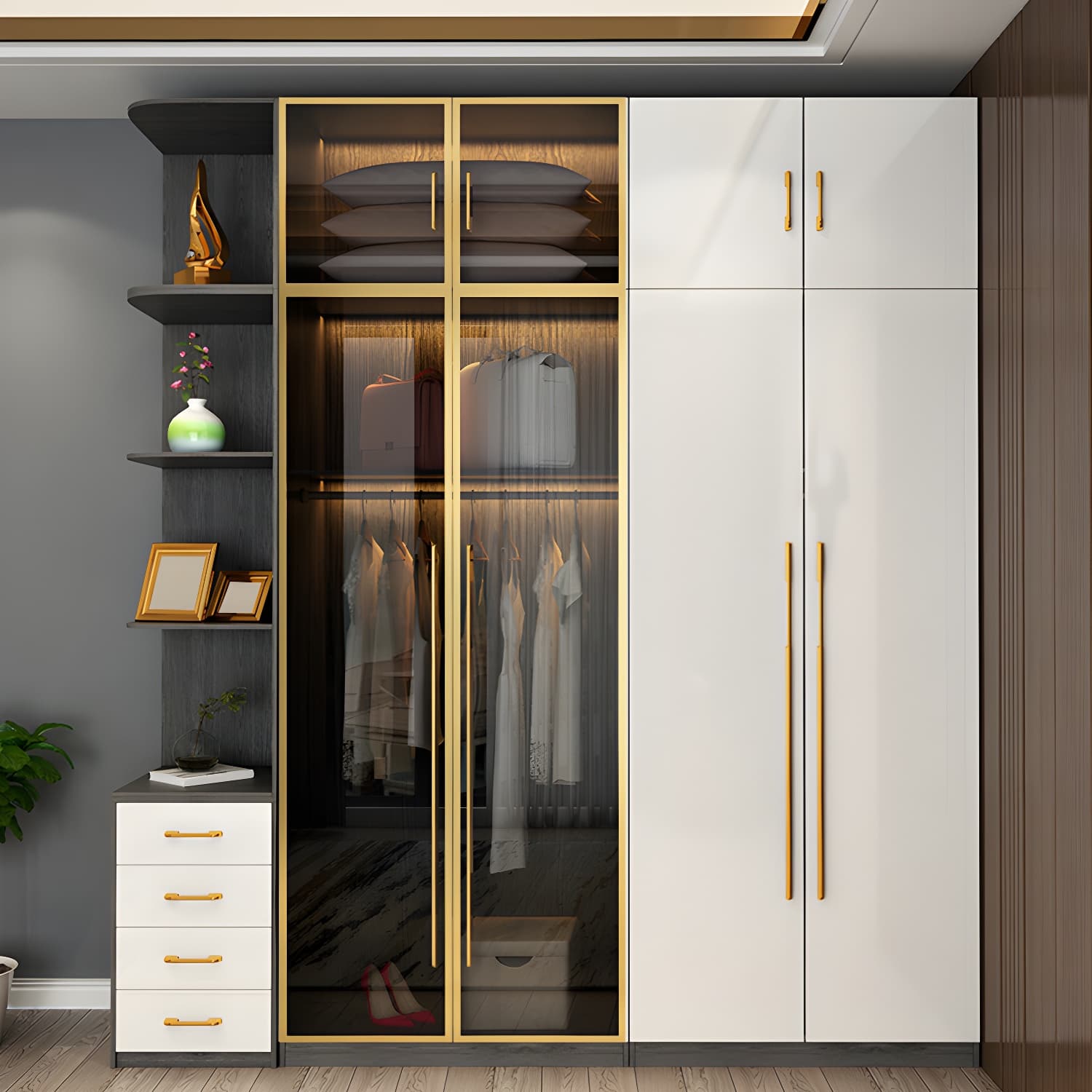 Modern Tempered Glass Doors Wardrobe Wood Frame Wardrobe without Light thumbnail 10