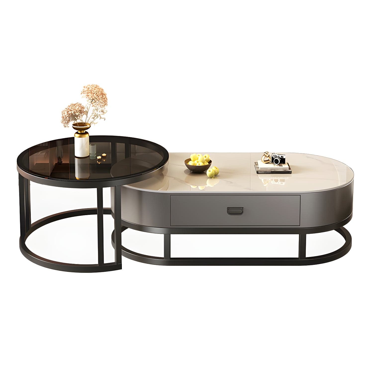 Set of 2 Modern Nesting Stone Coffee Tables with Metal Frame and Drawers thumbnail 7