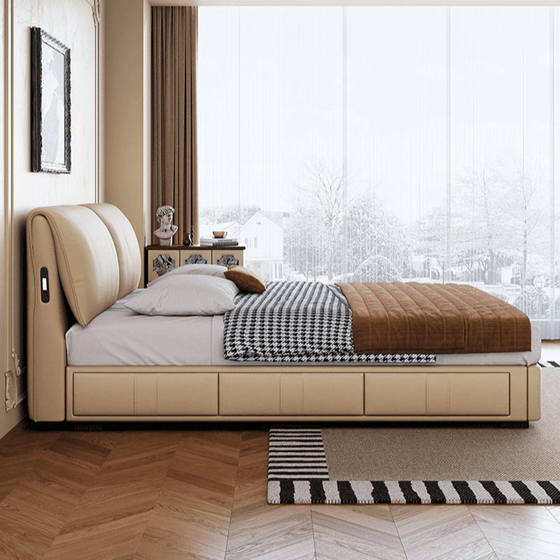 Beige Solid Color Storage Bed with 3 Storage Boxes, Sponge Upholstery, and Illumination Light thumbnail 2