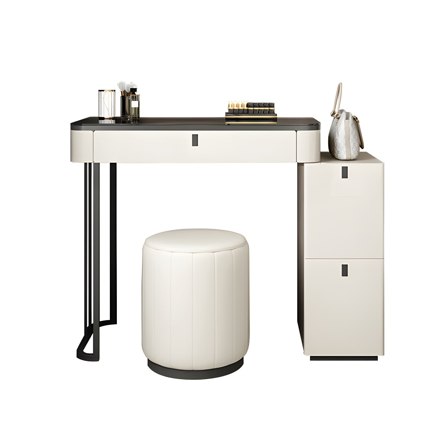 Modern Minimalist White Vanity Table Set 29.53" H Glass Top Vanity Table with Storage thumbnail 12