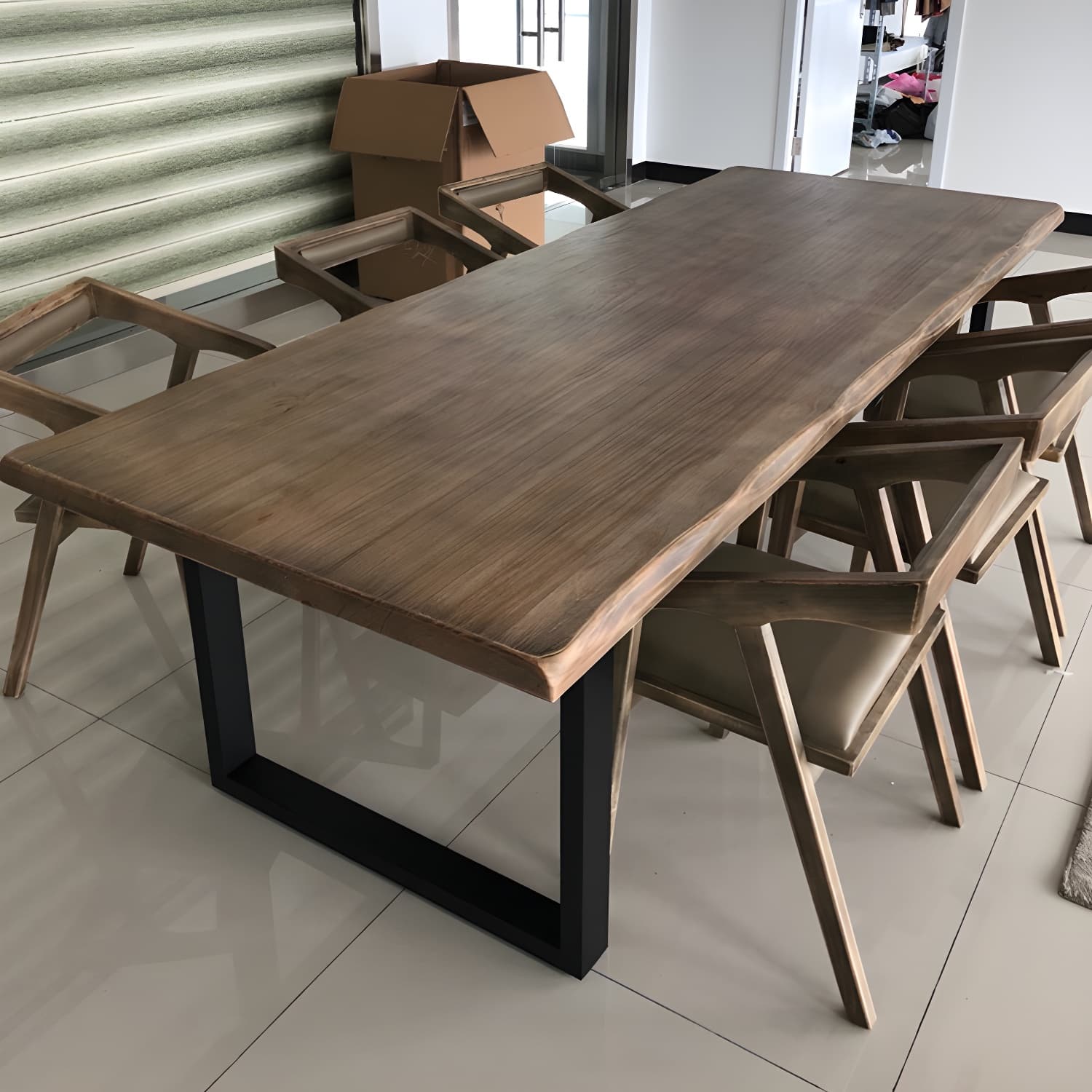 Rectangle Double Pedestal Industrial Dining Table Fixed Table of Solid Wood thumbnail 8