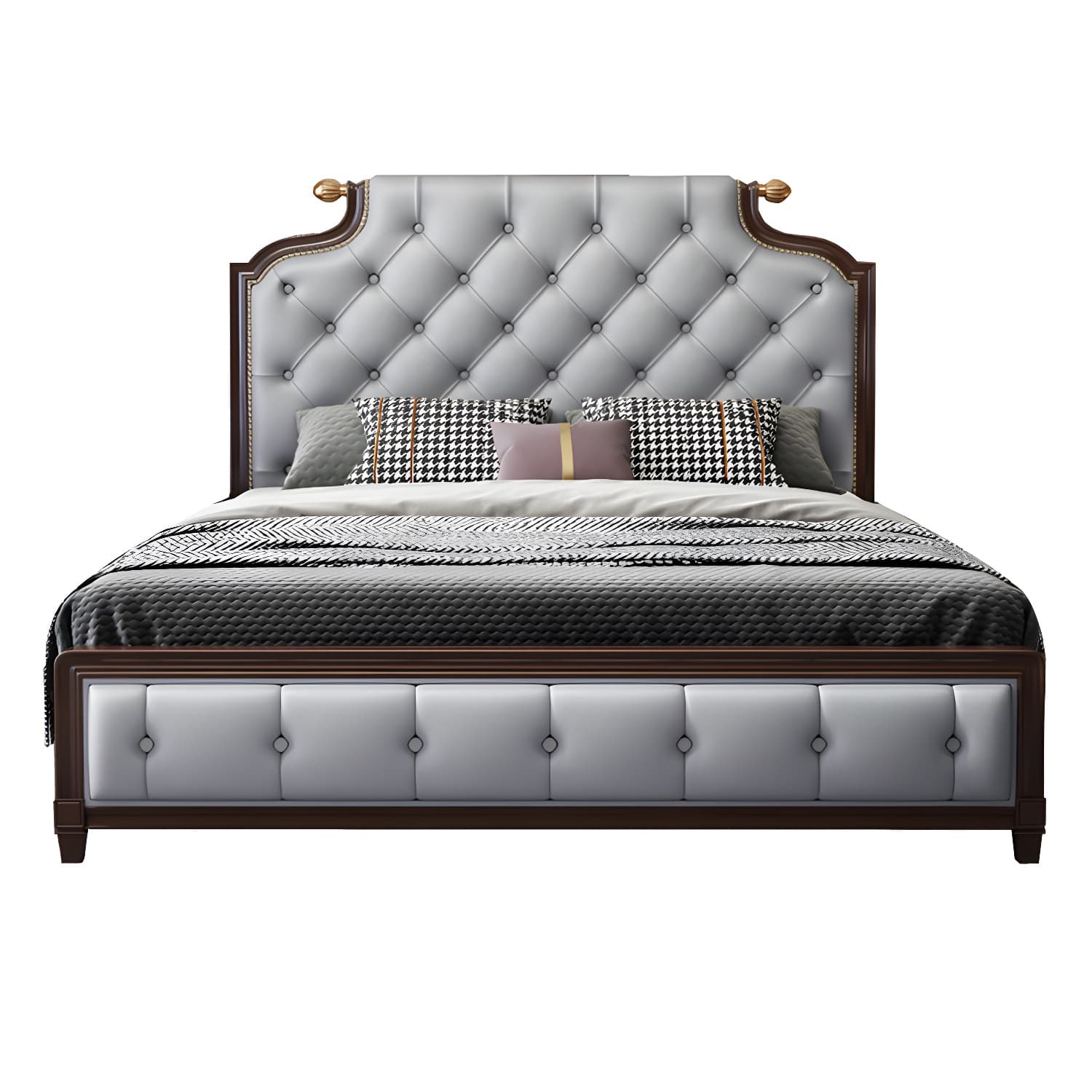 Tufted Upholstered Panel Bed with Nailhead Trim Victorian Solid Wood Bed Frame thumbnail 3