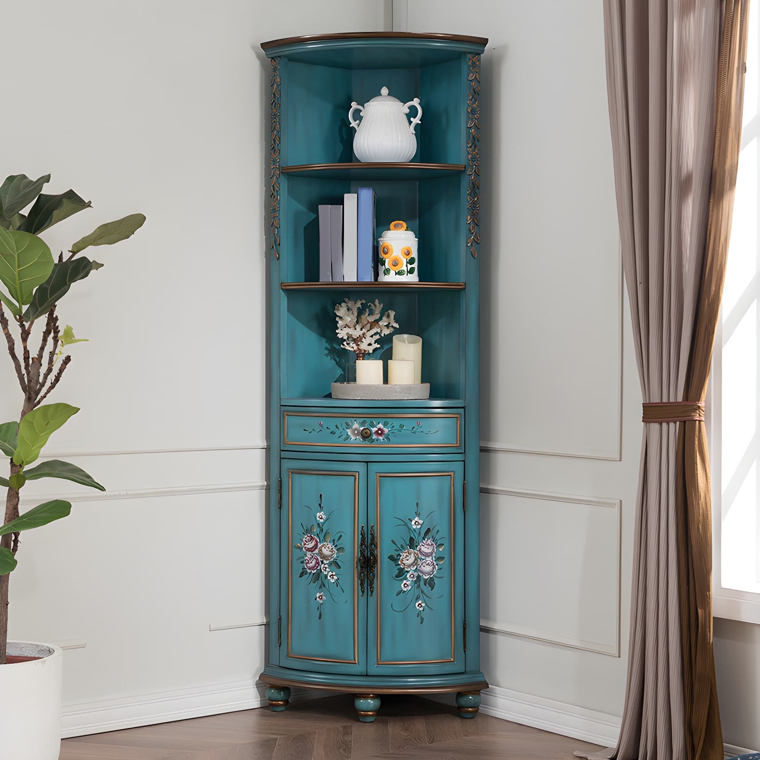 Rustic Corner Accent Cabinet with Wood Counter Top, Drawers, and Cabinet, Small Size thumbnail 8