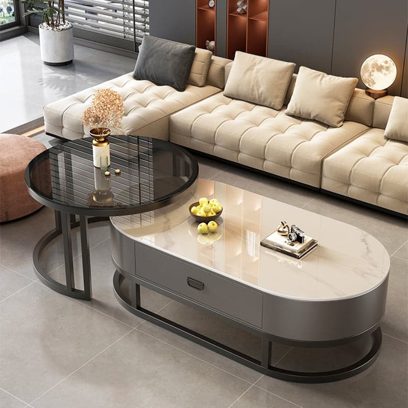 Set of 2 Modern Nesting Stone Coffee Tables with Metal Frame and Drawers thumbnail 8