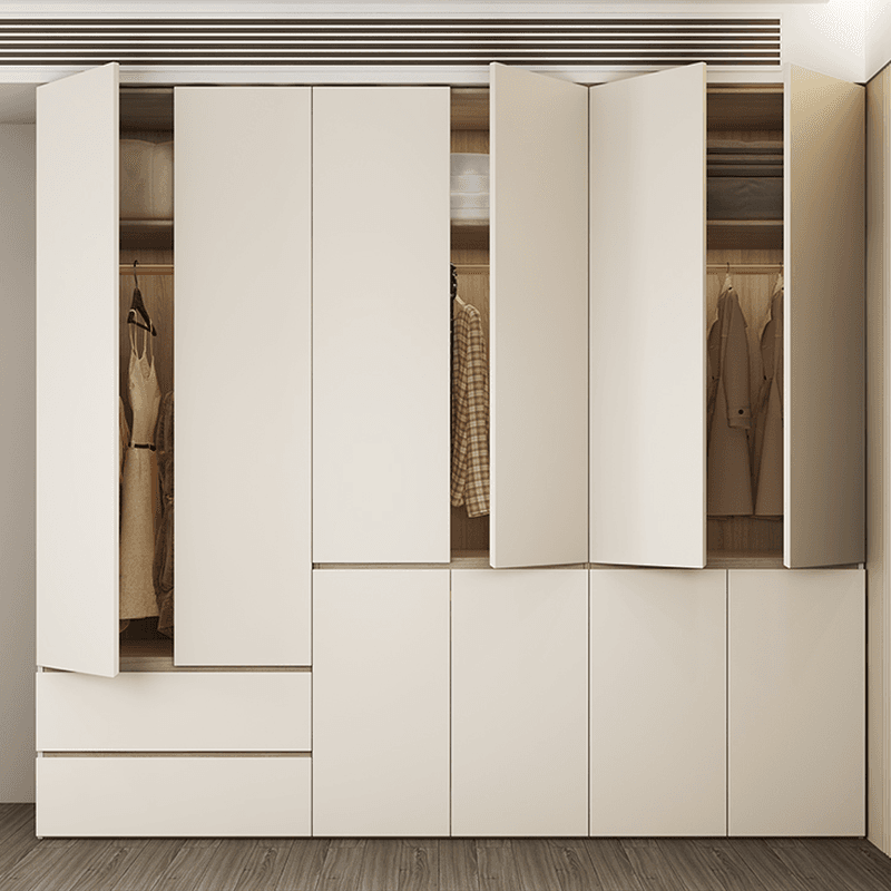 White Minimalist Manufactured Wood Wardrobe Closet with 2 Drawers, Soft Close Door, Interior Shelves, and Clothing Rod thumbnail 1