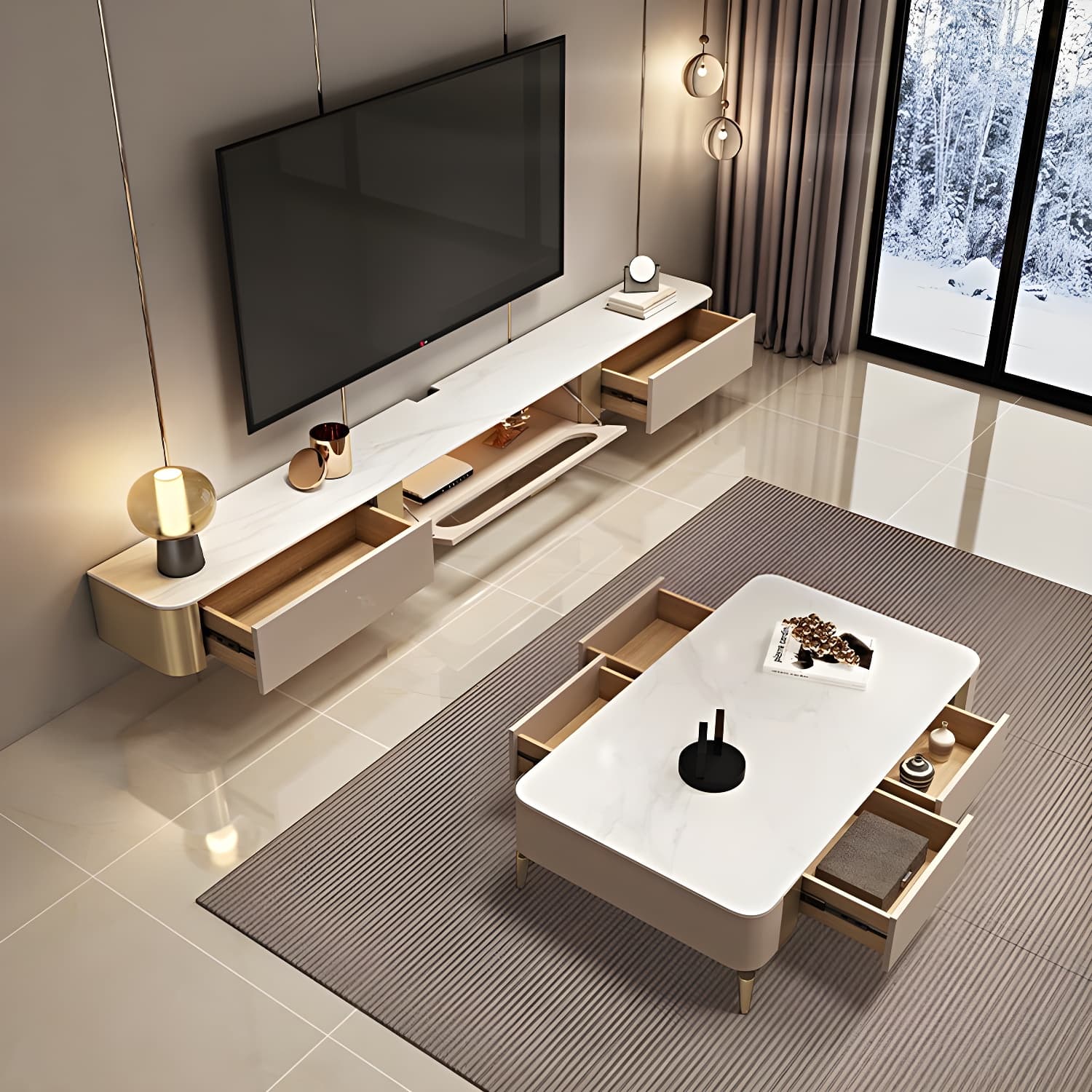 Luxury Enclosed Storage TV Console Home Rectangle Sintered Stone TV Cabinet thumbnail 3