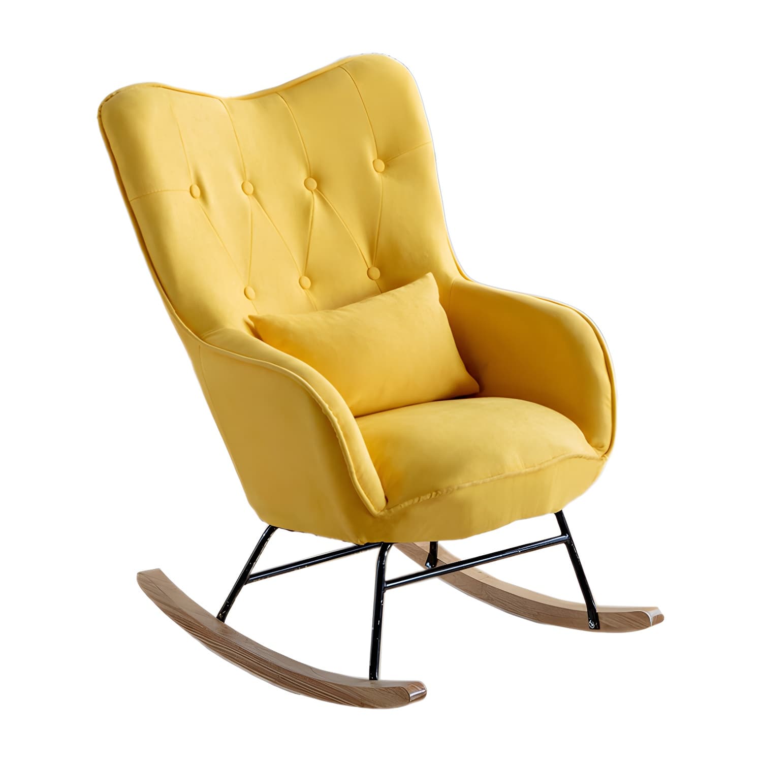 Stylish Modern Upholstered Rocking Chair with Natural Wood Legs and Tufted Back Cushion thumbnail 14