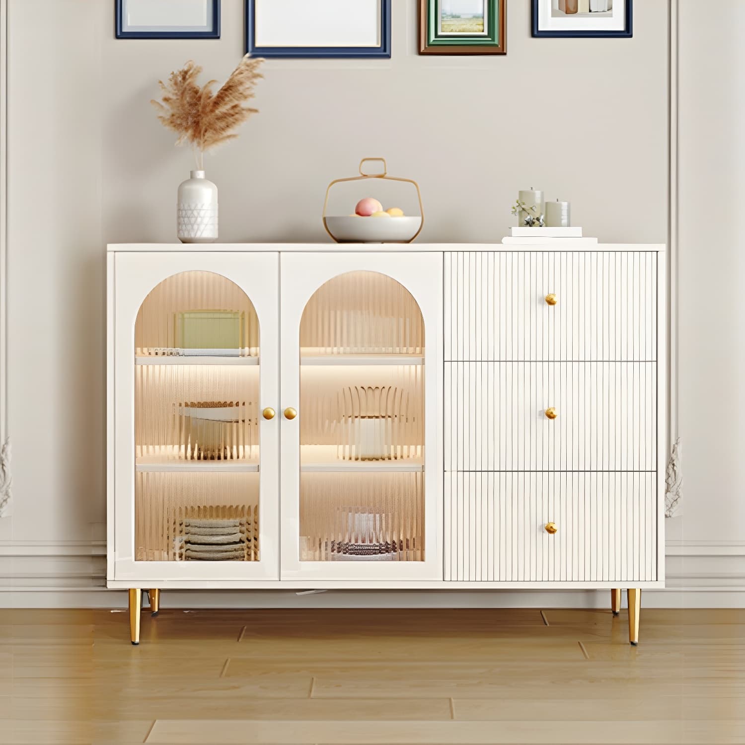 Glam White Wood Sideboard Credenza with Glass Doors and Adjustable Shelves thumbnail 15