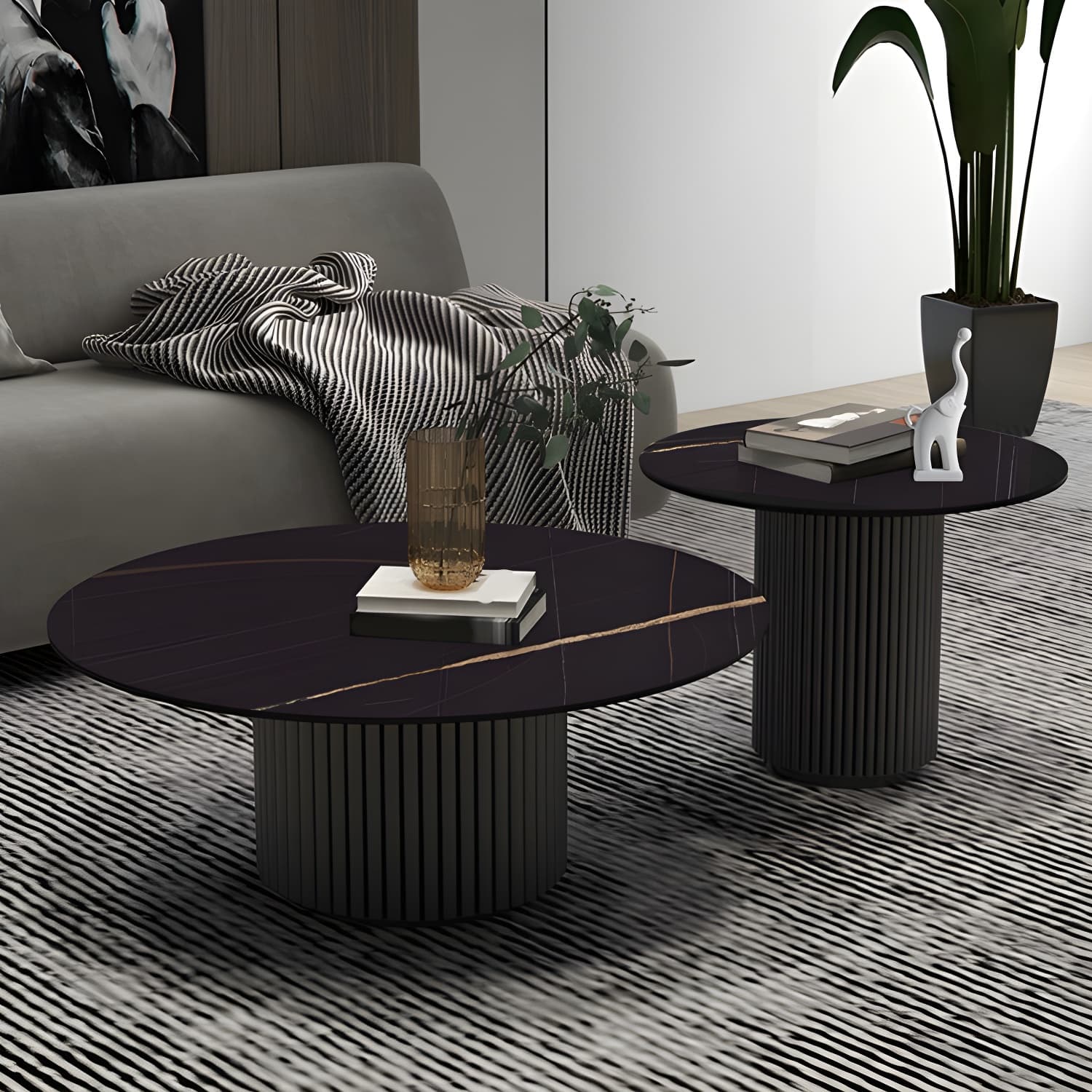 Set of Two Modern Round Black Coffee Tables with White Stone Tops and Iron Pedestal Bases thumbnail 3
